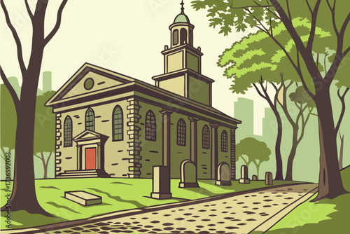 King’s Chapel in Boston, Massachusetts, Georgian stone chapel with historic cemetery beside cobblestone streets