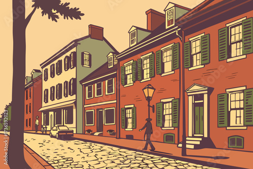King Street in Alexandria, Virginia, cobblestone Old Town street with shops and colonial houses