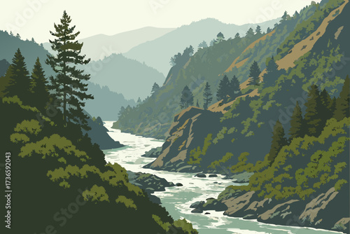Klamath River in Northern California, wild river flowing through rugged forested valleys and coastal ranges
