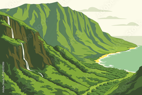 Koʻolau Range in Oʻahu, Hawaii, steep green cliffs with waterfalls and coastal valleys below