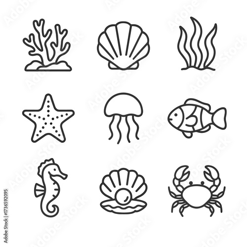 Seaweed seashell clownfish underwater icon starfish icons pearl crab nature jellyfish reef
