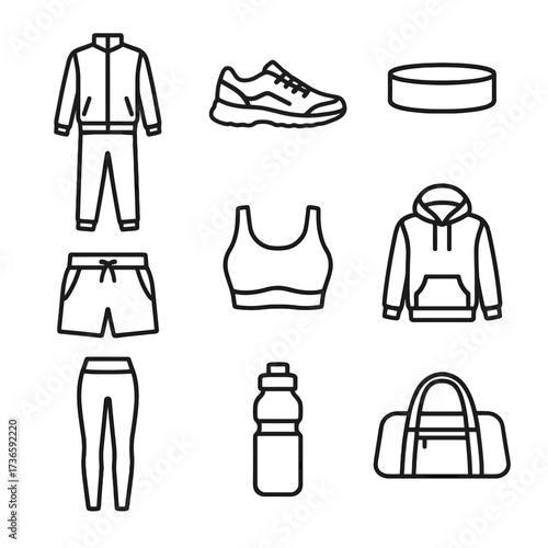 Sweatband running bottle sports outline shoes icon leggings bra sportswear gym vector