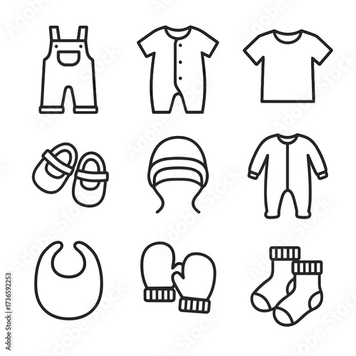 Icon socks bonnet pajamas children mittens tiny bib s overalls vector clothing
