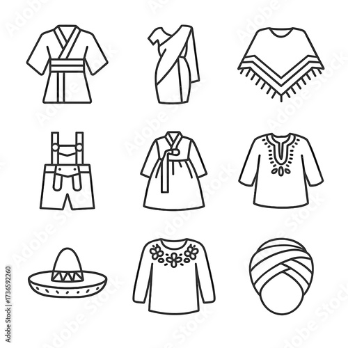 Traditional icons turban icon lederhosen vector hanbok sari dashiki clothing poncho embroidered