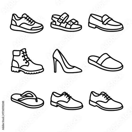 Flip running dress sandals vector icon collection shoes flops sneakers slippers footwear