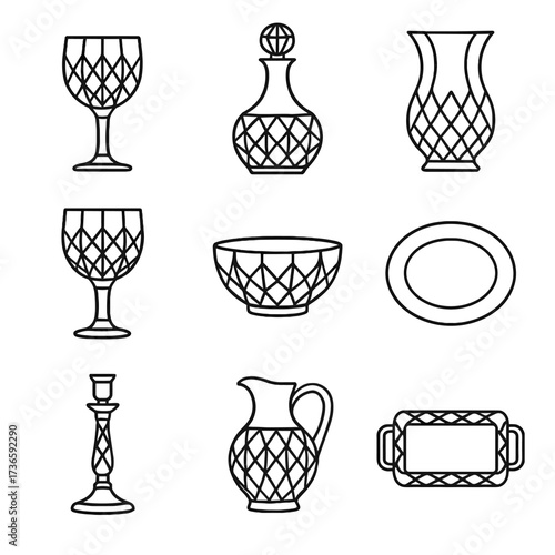 Vector vase serving plate glass icons tableware icon crystal candlestick jug wine