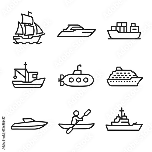 Submarine fishing cruise kayak vector ship speedboat yacht grid boat icon