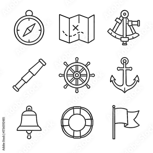 Navigation map flag sextant compass icon marine ship bell lifebuoy chain icons
