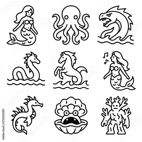 Vector siren creature mermaid icon leviathan dragon mythical coral clam sea golem