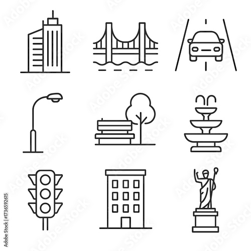 Fountain streetlight light urban icons car park icon landscape statue bench vector