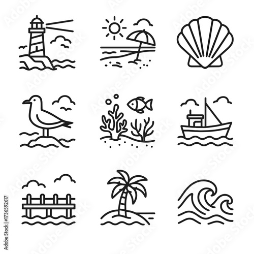 Icon lighthouse landscape pier vector beach icons waves palm coral seashell boat