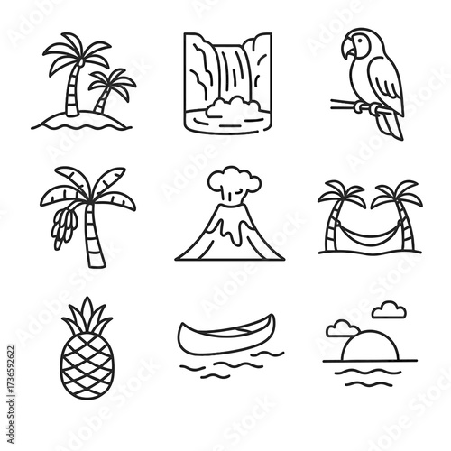 Parrot beach tropical vector set volcano banana hammock canoe sunset pineapple icon