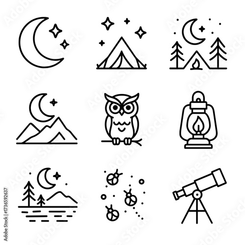 Silhouette icon mountain landscape vector moon lake icons tent lantern stars night