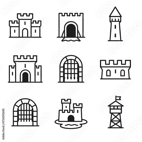 Icons medieval moat portcullis drawbridge gatehouse dungeon icon vector watchtower castle battlements