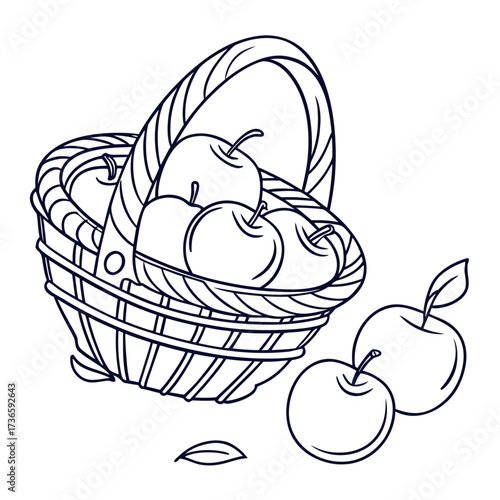 A charming line art illustration of a woven basket overflowing with ripe apples with a few apples and leaves scattered nearby on a white background