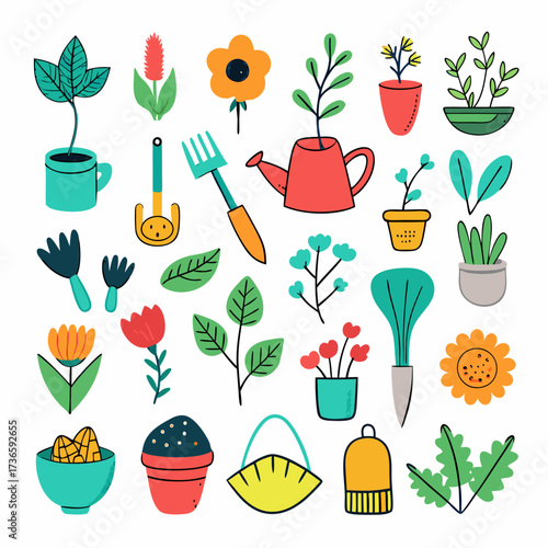Colorful garden tools and plants on white background illustration