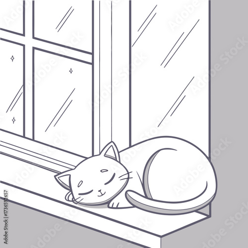 A cute cartoon cat peacefully sleeping curled up on a windowsill with a window reflecting light and sparkles outside