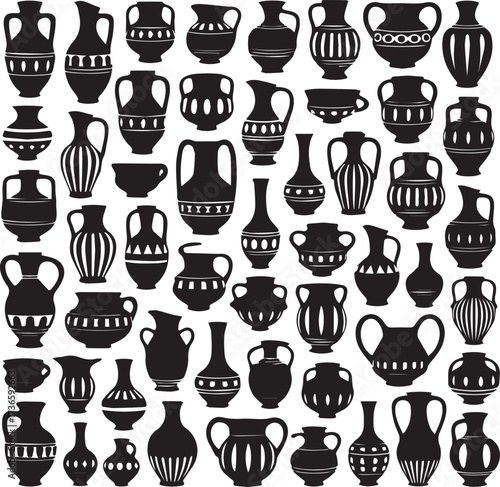 Collection of black silhouette ancient Greek amphorae vases and pottery vector