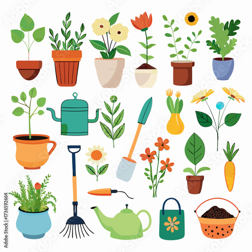 Colorful gardening tools and potted plants illustration background