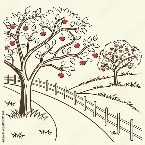 A charming hand drawn illustration of two apple trees laden with ripe red apples standing in a grassy field with a wooden fence and a winding path