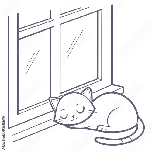 A cute cartoon cat sleeps peacefully on a windowsill next to a window with reflections in the glass