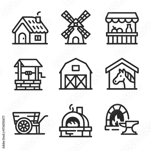 Set forge cottage vector oven blacksmith icon stall village windmill bread market
