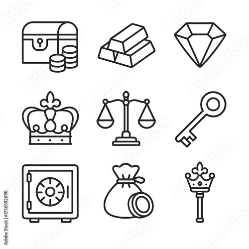 Royal key treasury icons gemstone vector door icon crown pouch chest scale