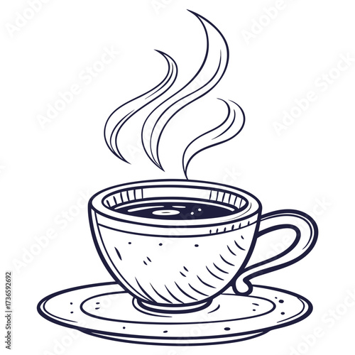 A hand drawn sketch of a steaming cup of dark coffee or tea on a saucer with wisps of steam rising into the air