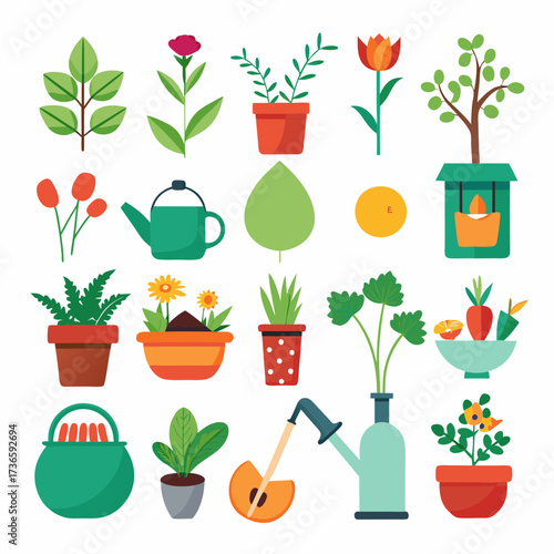Gardening elements in a flat design style on white