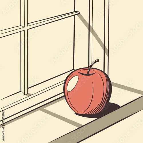A single red apple rests on a windowsill casting a shadow in a minimalist illustration with clean lines and a retro aesthetic