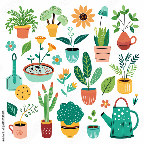 Vector collection of potted plants and gardening tools illustration