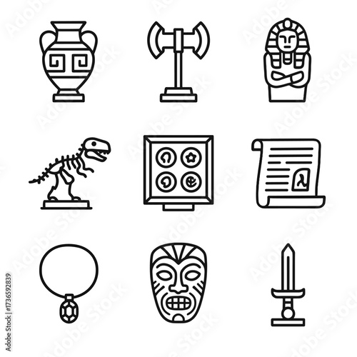 Ancient museum collection weapon historical sarcophagus manuscript exhibits vector icons mask dinosaur