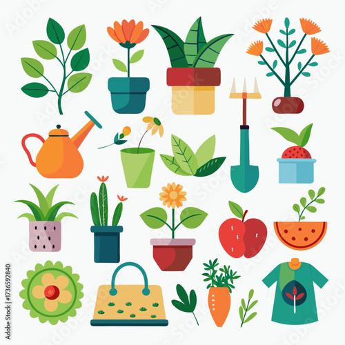 Colorful Garden Elements: Plants, Fruit and Tools Illustration