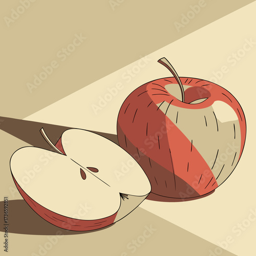 A stylized illustration of a whole red apple and a halved apple revealing its seeds and core against a warm neutral background with geometric shadows