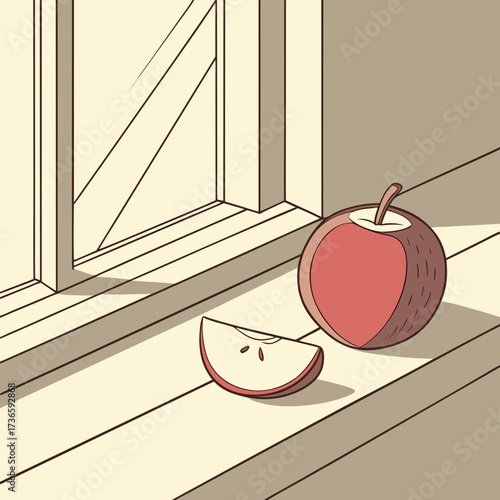 A whole red apple and a slice of apple sit on a wooden windowsill casting shadows in the sunlight from the window above