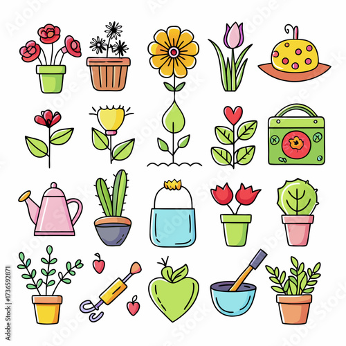 Collection of plants and gardening tools on white backdrop