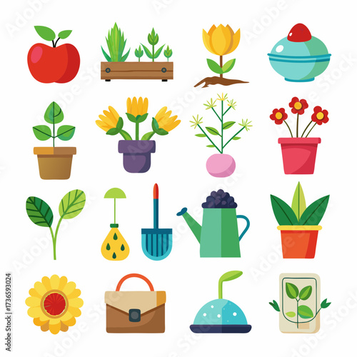 Cheerful gardening icons set on white background illustration art