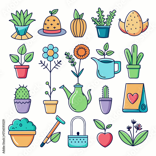 Collection of vibrant potted plants and gardening tools illustration