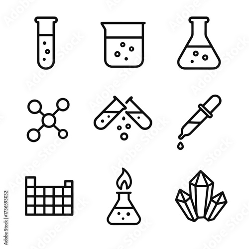 Chemistry crystal beaker pipette burner tube chemical vector set test icon periodic
