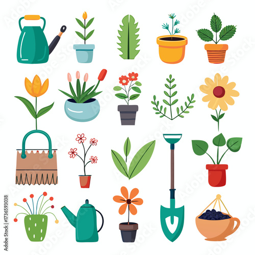 Collection of vector gardening elements and houseplants in pots