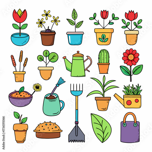 Collection of cartoon gardening tools and potted plants illustration