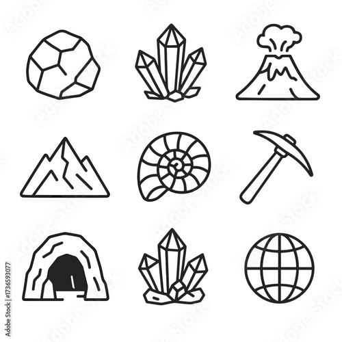 Volcano rock globe fossil cave geology vector crystal set icon mineral pickaxe