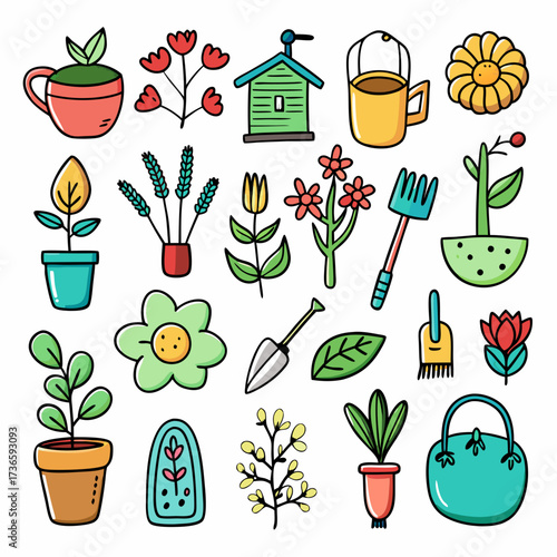 Colorful hand-drawn gardening equipment and plants illustration set