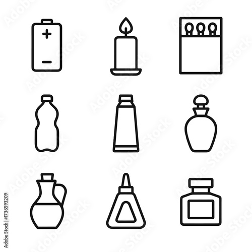 Glue modern bottle perfume vector icons vinegar chemical matchbox toothpaste ink soda