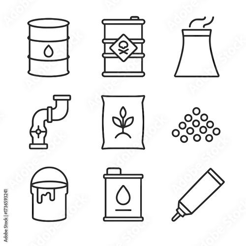 Cooling plastic grid paint granules drum refinery industrial vector icons icon can