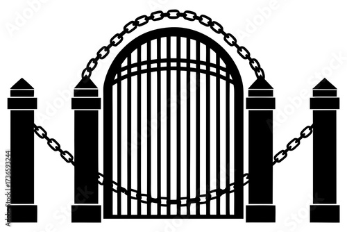 Black silhouette of a chained gate with posts vector