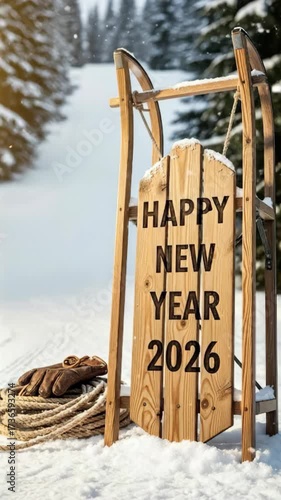 Happy New Year 2026 Wood Sign Displayed On Sleigh In Snowy Winter Landscape With Beautiful Scenery And Festive Holiday Cheer