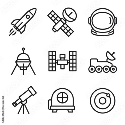 Space orbit rover icons tech telescope helmet station icon vector diagram astronaut