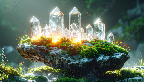 floating rock with glowing quartz crystals, moss and grass