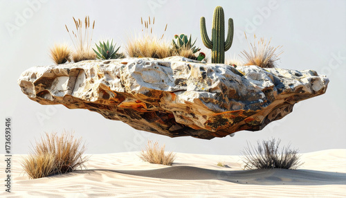 floating sandstone with cactus and dry grass, surreal isolated